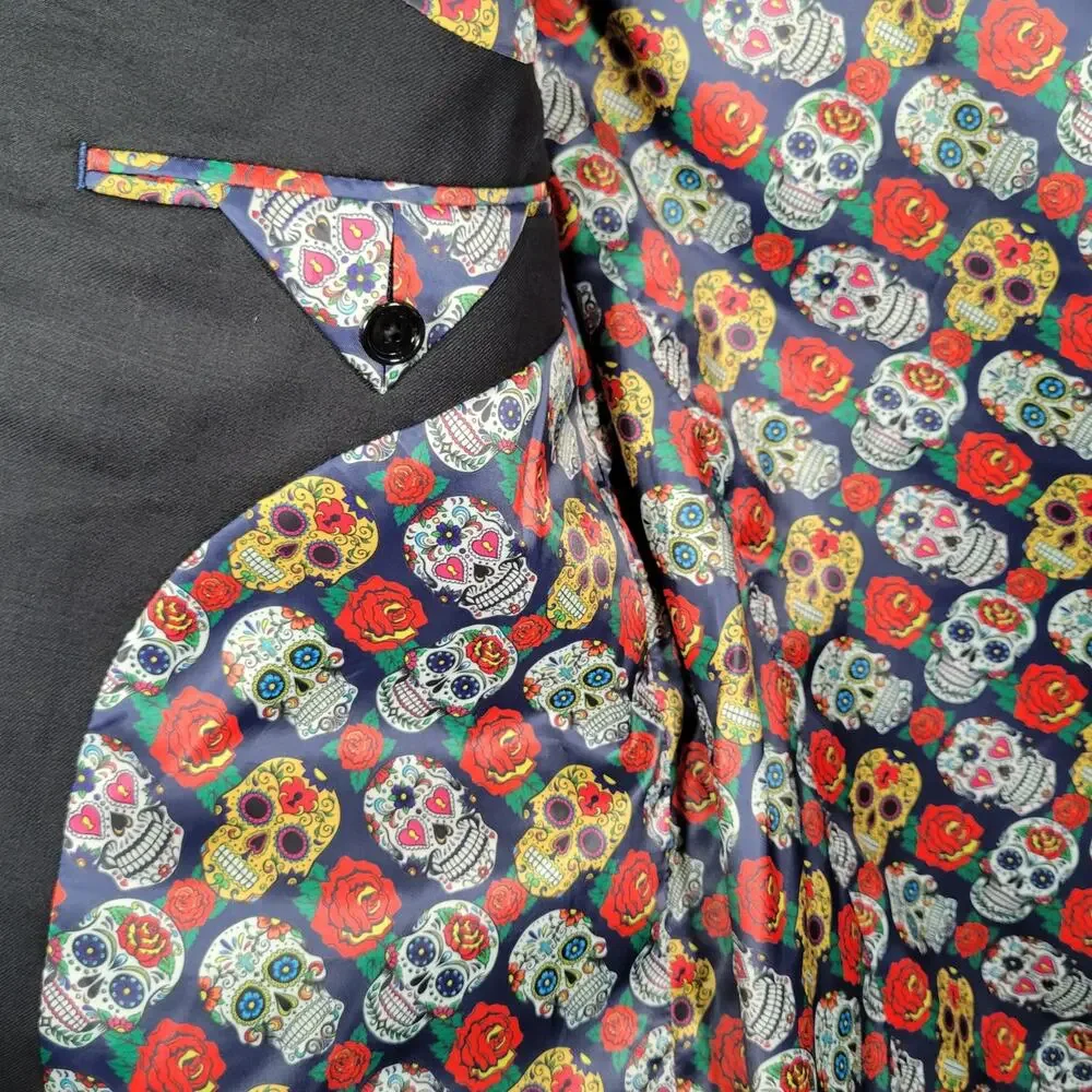 Indochino Black 100% Wool Custom Suit 42R Skull Lining 36x26 2 Pc